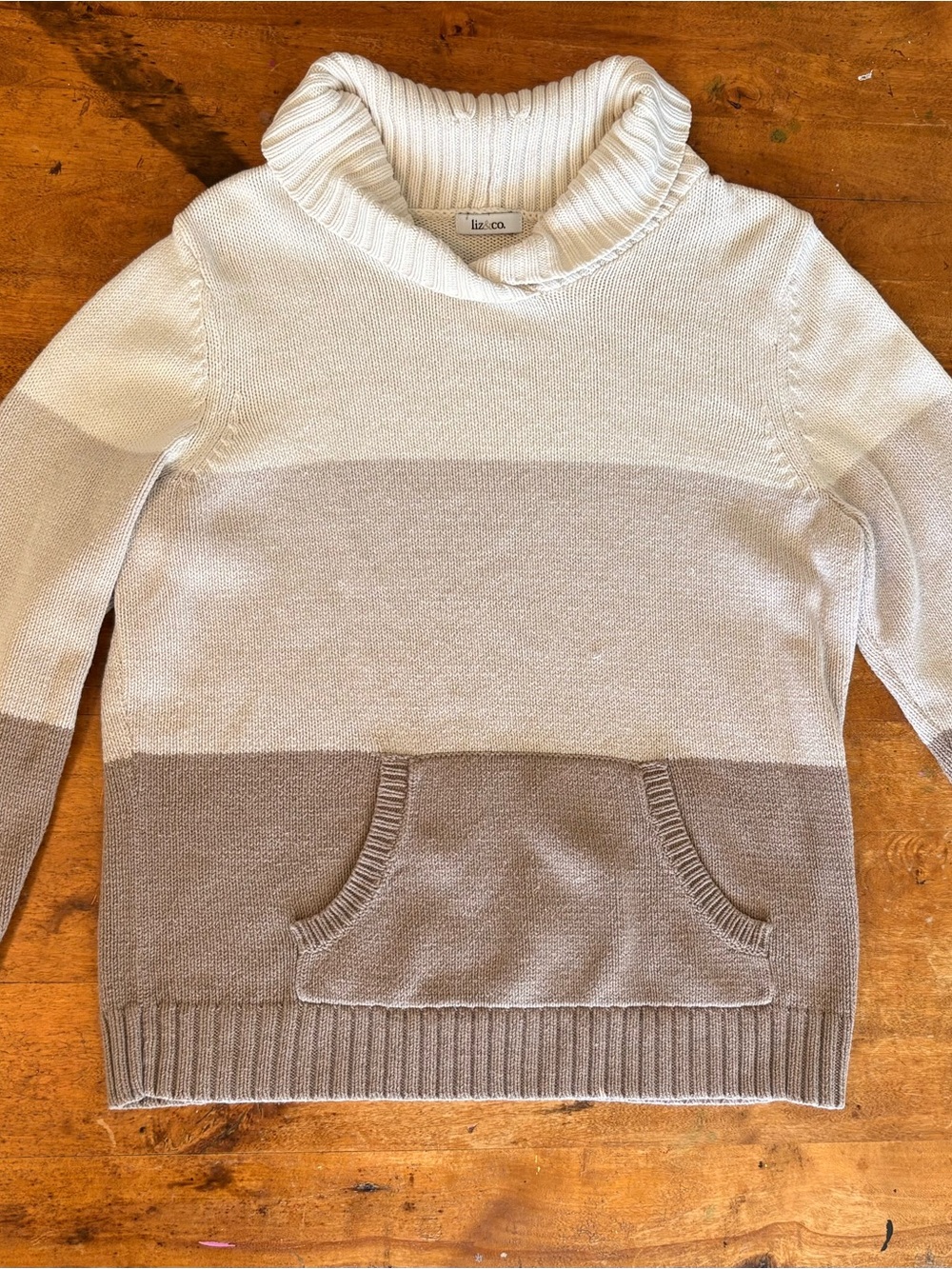 Liz & Co Two-Tone Cream and Taupe Striped Funnel Neck Sweater